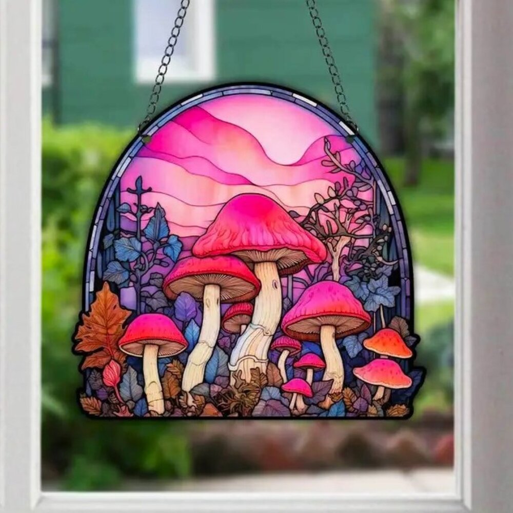 Mushroom Suncatcher Forest Garden Trippy Art Fun Colorful In/Outdoor Wonderland